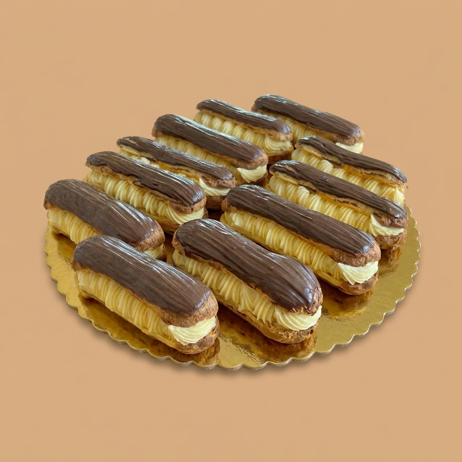 Eclairs with chocolate topping on a gold tray against a beige background